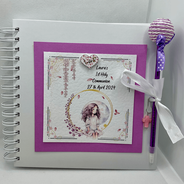 Personalised Communion photo album with FREE pen and pendant. Scrapbook keepsake book and personalised frame with Free pendant and  pen