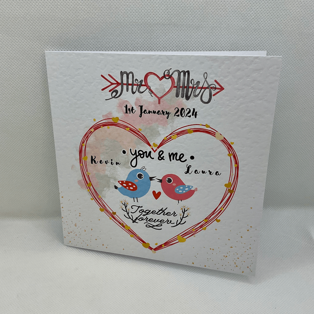 Personalised Wedding and engagement  card with couple’s name. Mr & Mrs bird design. Personalised items available.
