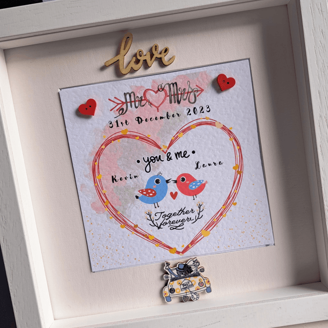 Personalised Wedding and Engagement gift set with couple’s name. Mr & Mrs bird design.