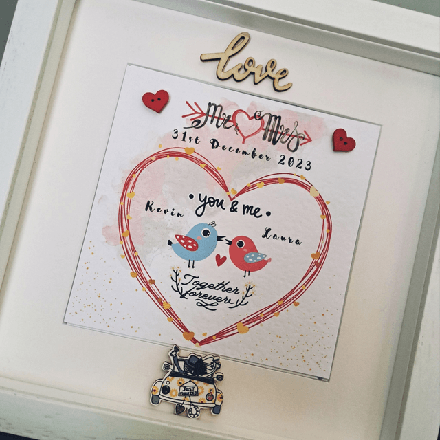 Personalised Wedding and Engagement gift set with couple’s name. Mr & Mrs bird design.
