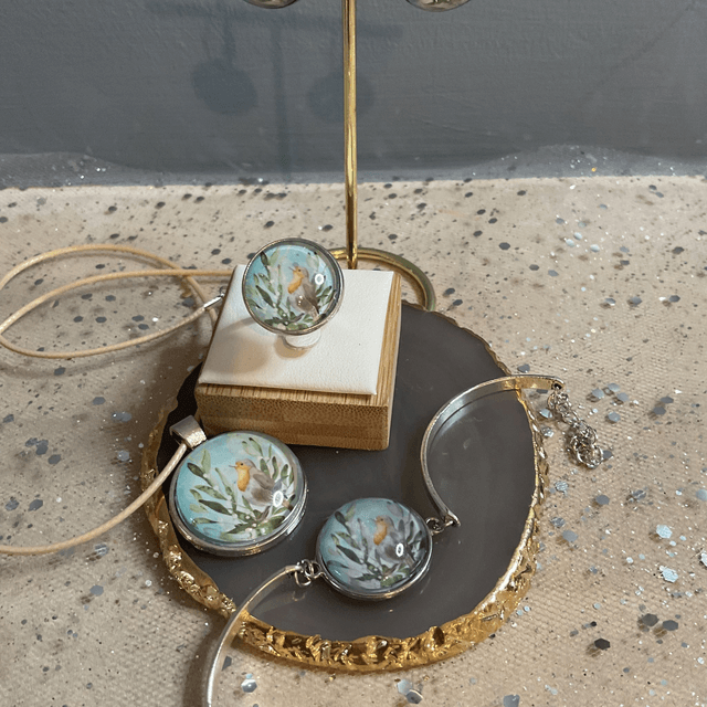 Handmade, coordinated jewellery set. Robin design. Necklace, Bracelet, Earrings, ring and Brooch.