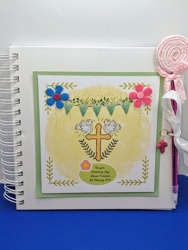 Personalised Christening  and Communion photo album. Scrapbook keepsake book and personalised frame set.