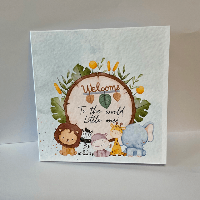 New baby card with cute safari animals.. Personalised.