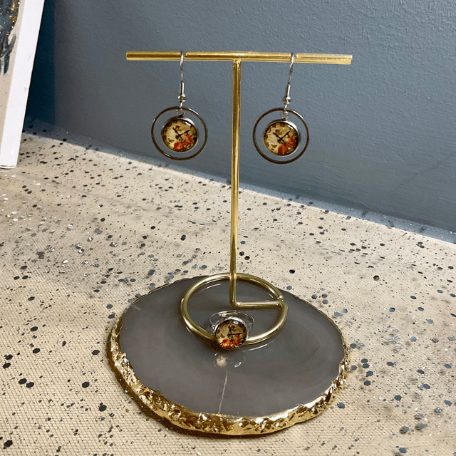 Handmade ring and earrings set. Coordinated cabochon jewellery.