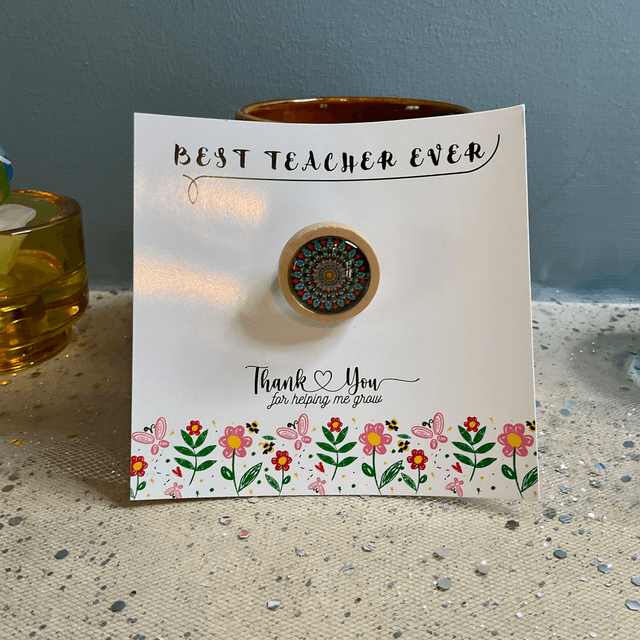 Handmade brooch with teacher’ s card. Thank you teacher gift.